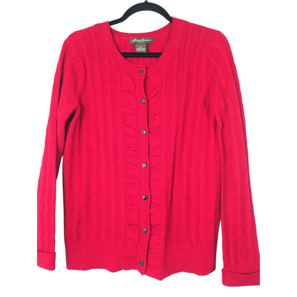 Vintage Eddie Bauer Womens M Red Cable‎ Knit Cardigan Ruffle Button Grandmacore